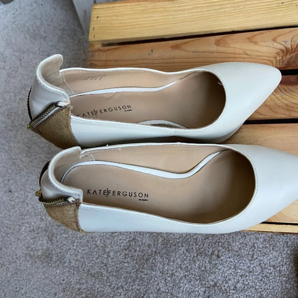 Kate Ferguson Size 6.5 Cassamassima Platform Heels Ivory Color Calf Hair Detail